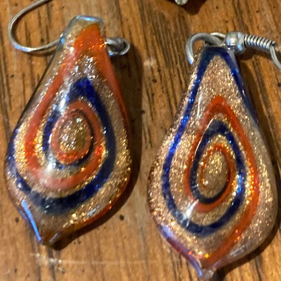 Vintage Glass Swirl Earrings and Pendant Gold Orange Blue - Picture 4 of 4